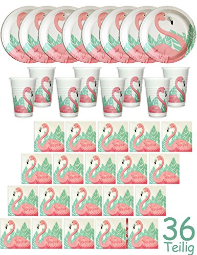 hometools. EU Flamingo Party – Vajilla con Diseño | medioambiente Flamingo | 8 Platos, 8 Vasos, 20 servilletas, 36 Piezas