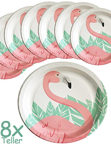 hometools. EU Flamingo Party – Vajilla con Diseño | medioambiente Flamingo | 8 Platos, 8 Vasos, 20 servilletas, 36 Piezas