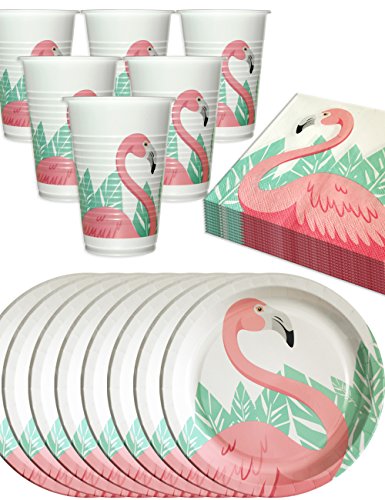 hometools. EU Flamingo Party – Vajilla con Diseño | medioambiente Flamingo | 8 Platos, 8 Vasos, 20 servilletas, 36 Piezas