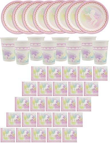 HomeTools.eu® – Juego de vajilla de fiesta de unicornio con mariposa, 8 personas, vasos, platos de papel, servilletas, 36 piezas