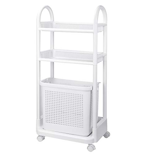 HOMFA Carro de Lavandería con 2 Estantes para Baño Cesto de Ropa Sucia con Ruedas Carrito para Cocina Blanco 45.5 x 25 x 101.5 cm