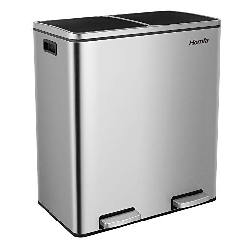 Homfa Cubo de Basura con 2 Contenedores para Clasificación de Residuos Basurero Reciclaje para Cocina Tapa Cierre Suave con Pedal de Acero Inoxidable 60L(30Lx2)