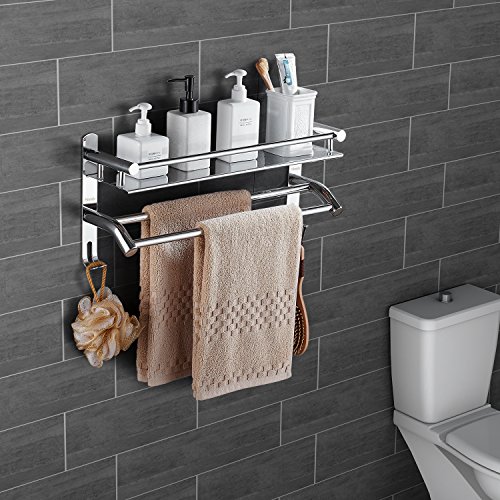 HOMFA Estante de Baño con Barra de Toalla y Ganchos Adicionales de Pared sin Taladrar Toallero Barra con Estantería de Acero Inoxidable 50 x 14.3 x 23.5 cm