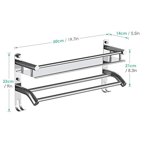 HOMFA Estante de Baño con Barra de Toalla y Ganchos Adicionales de Pared sin Taladrar Toallero Barra con Estantería de Acero Inoxidable 50 x 14.3 x 23.5 cm