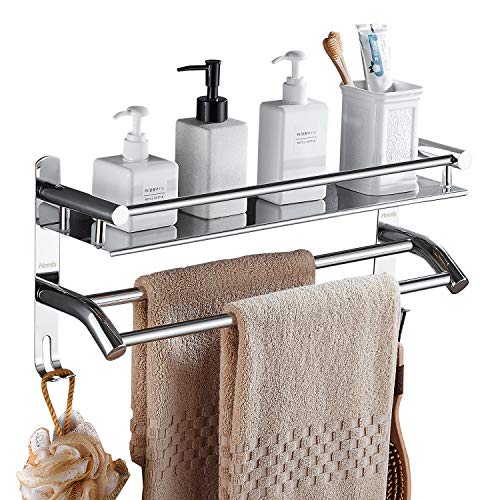 HOMFA Estante de Baño con Barra de Toalla y Ganchos Adicionales de Pared sin Taladrar Toallero Barra con Estantería de Acero Inoxidable 50 x 14.3 x 23.5 cm