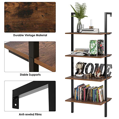 Homfa Estantería Escalera Librería de Pared con 4(5) estantes Estantería Metálica para Salón Baño Terraza Vintage y Negro (154.5x60x18.5cm)