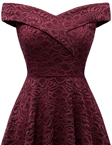 Homrain Vestido Cóctel Vintage A-línea Hi-Lo Elegante Encaje Fiesta Noche Vestido para Mujer Burgundy 3XL