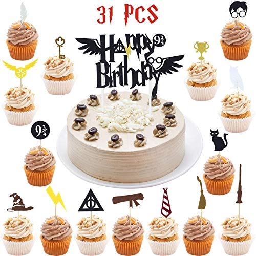 Hooggle Wizard Inspired Cupcake Toppers (Juego de 31) Wizard Fiesta de cumpleaños Decoraciones Suministros Hogwarts decoración de Fiesta c