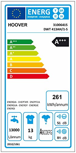 Hoover DWT 413AH/1-S Freestanding 13kg 1400RPM A+++ White Front-load - Lavadora (Independiente, Color blanco, Front-load, 13 kg, 1400 RPM, A)