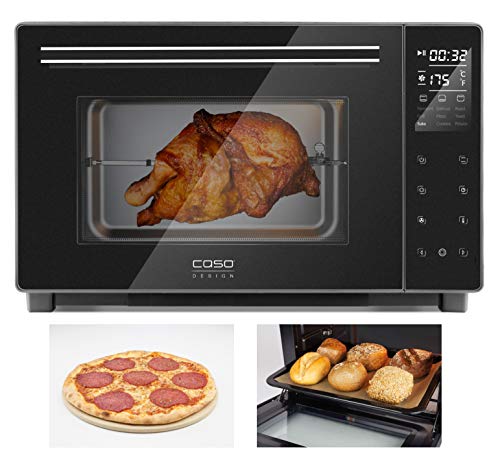 Horno eléctrico de diseño de CASO TO32 con aprox. 32 l, 5 funciones: aire caliente, pincho giratorio con motor, calor superior, calor inferior, calor superior e inferior, incluye piedra para pizza