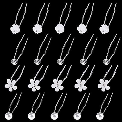 Horquillas para el Pelo con Flores y Perlas de Diamantes Pinzas para el Cabello en Forma de U Novia Pasadores de Pelo Flor Accesorios de Fiesta de Bodas Nupcial ,Blanco 40 piezas