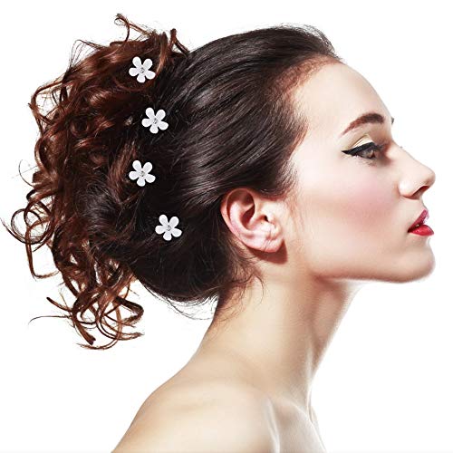 Horquillas para el Pelo con Flores y Perlas de Diamantes Pinzas para el Cabello en Forma de U Novia Pasadores de Pelo Flor Accesorios de Fiesta de Bodas Nupcial ,Blanco 40 piezas