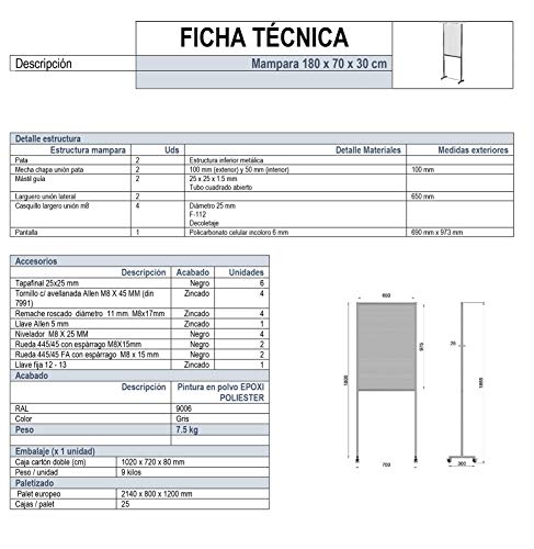 Hostelnovo - Mampara de suelo con ruedas para separar espacios - Estructura metálica - Pantalla en policarbonato - Medidas: 1000 x 1800 mm