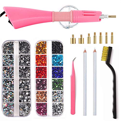 Hotfix Aplicador, Blinginbox 4000pcs 2 cajas Mix Color Hot Fix Rhinestones Set con 7 diferentes boquillas Kit de limpieza Pinzas cepillo