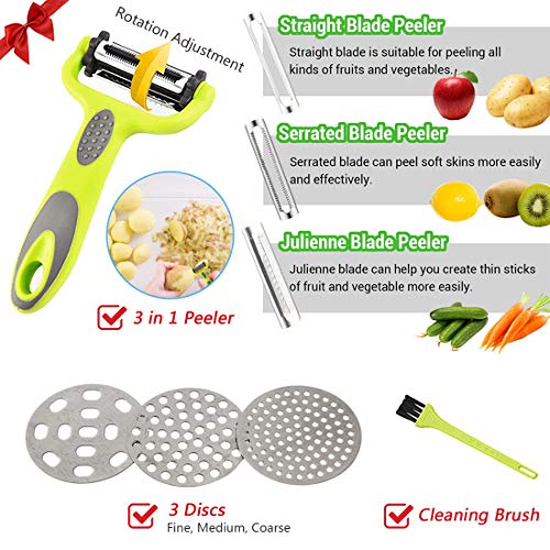 HOTLIKE Machacador de Patatas, 6 PCS Trituradora de Patata de Acero Inoxidable Set, Multifuncional Profesional Prensa Patatas con 3 Discos, Cepillo, Pelador, Potato Ricer para Vegetales, Frutas