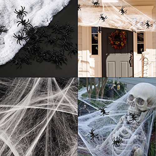 HOTSAN Decoraciones de Halloween de telaraña Estirable: telaraña de araña Espeluznante para Interiores con 25 arañas Falsas, telaraña de araña para Decoraciones de Fiesta de Halloween