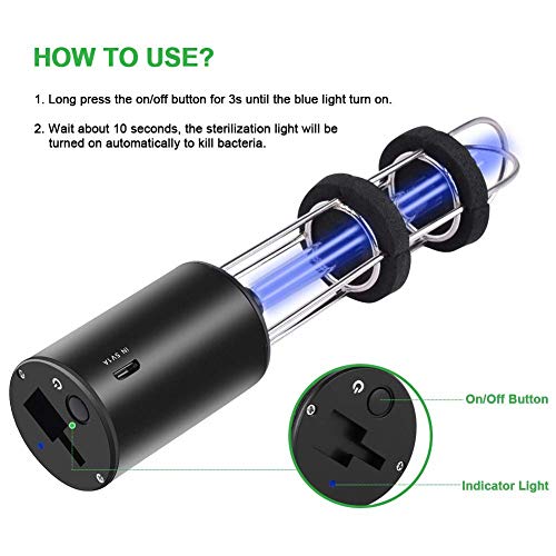 Houkiper Lámpara de esterilización ambiental, luz de esterilizador UV portátil Houkiper 5W Lámpara de esterilización de ozono 99% recargable USB, negro