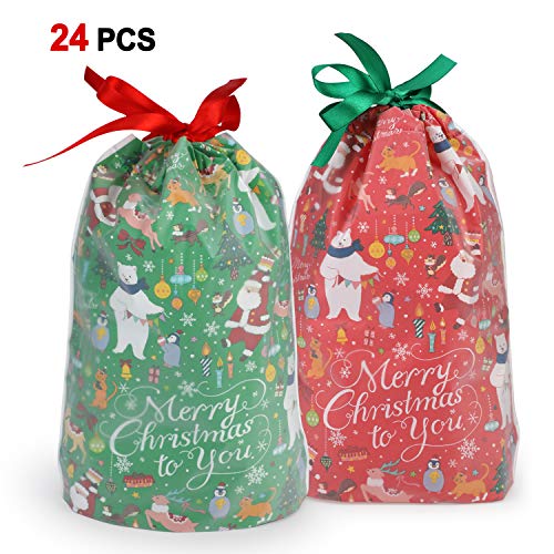 Howaf 24 Grande Navidad Bolsas Regalo con Cordón Navidad Fiestas cumpleaños Bolsas Regalo para Caramelos, Chocolate, Galletas, Calendario de adviento