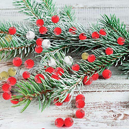 HOWAF 240pcs Navidad Bayas Artificiales Bayas de Acebo para Guirnaldas de Navidad Decoraciónes de Árbol de Navidad Manualidades Adorno, Rojo, Dorado y Plateado