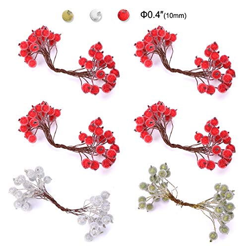 HOWAF 240pcs Navidad Bayas Artificiales Bayas de Acebo para Guirnaldas de Navidad Decoraciónes de Árbol de Navidad Manualidades Adorno, Rojo, Dorado y Plateado