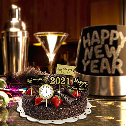 HOWAF 25 Piezas Nochevieja 2021 decoración Feliz año Nuevo Fiesta Cupcake Toppers Tartas Decoración cumpleaños