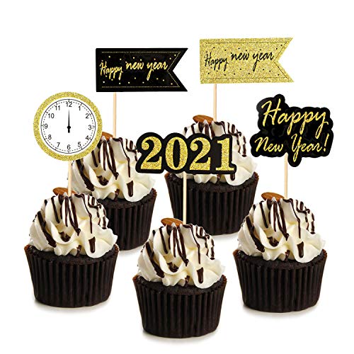 HOWAF 25 Piezas Nochevieja 2021 decoración Feliz año Nuevo Fiesta Cupcake Toppers Tartas Decoración cumpleaños