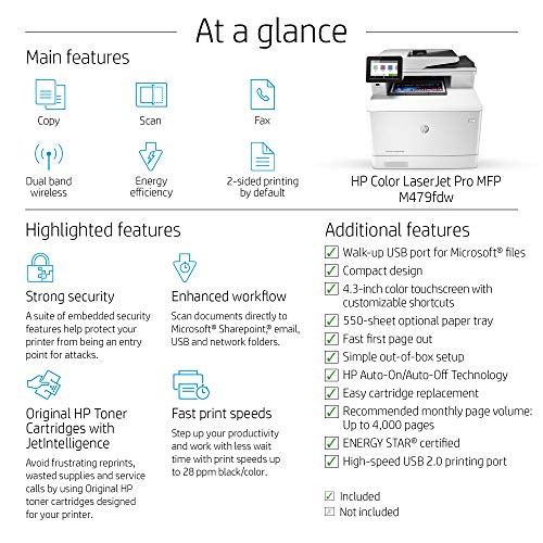 HP Color LaserJet Pro M479fdw Impresora Láser Multifunción a Color (A4, hasta 27 ppm, de 750 a 4000 Páginas al Mes, 1 USB 2.0 , 1 USB Host, 1 Red Gigabit Ethernet 10/100/1000T, Wi-Fi, Doble cara)