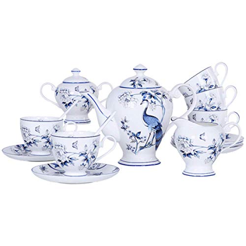 HRDZ Juego de té Europeo Exclusivo con Bandeja de Porcelana China Juego de té de la Tarde Juego de Tazas de café para el hogar 3 ollas 6 Tazas y platillos 200 ml