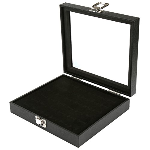 H&S Caja expositora de joyería, capacidad para 36 anillos, tapa de cristal, color negro