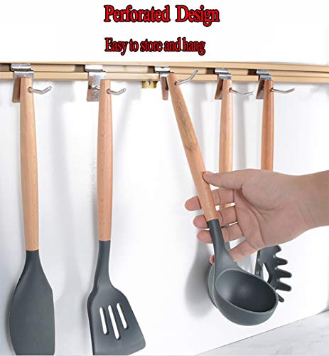 HSIULMY utensilios de cocina de silicona, 6 piezas resistentes al calor, espátula, cuchara, cuchara, servidor de pasta, juego de utensilios de cocina con asas de madera para hornear y cocinar (negro)