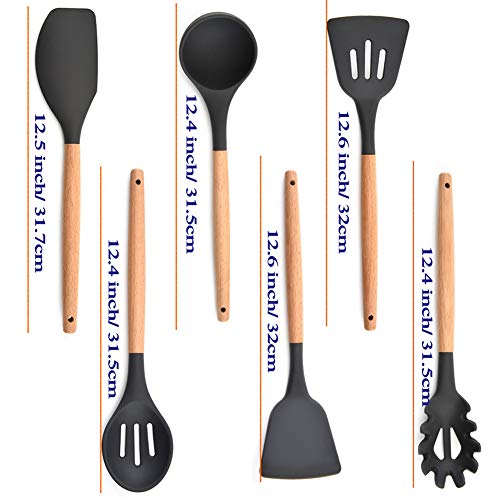 HSIULMY utensilios de cocina de silicona, 6 piezas resistentes al calor, espátula, cuchara, cuchara, servidor de pasta, juego de utensilios de cocina con asas de madera para hornear y cocinar (negro)