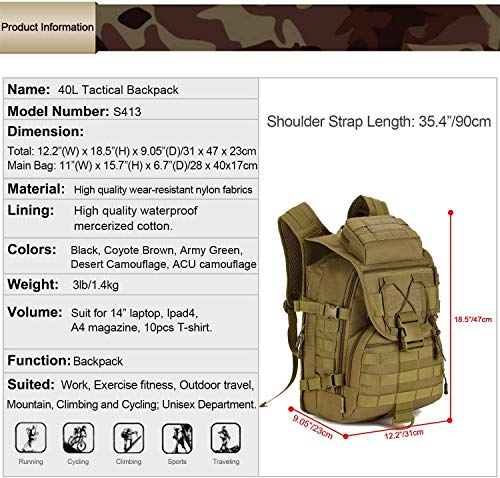 Huntvp Mochila de Marcha Impermeable Estilo Militar Táctical Mochila de Asalto Gran Bolsa de 40L para Las Actividades Aire Libre Senderismo Caza Viajar