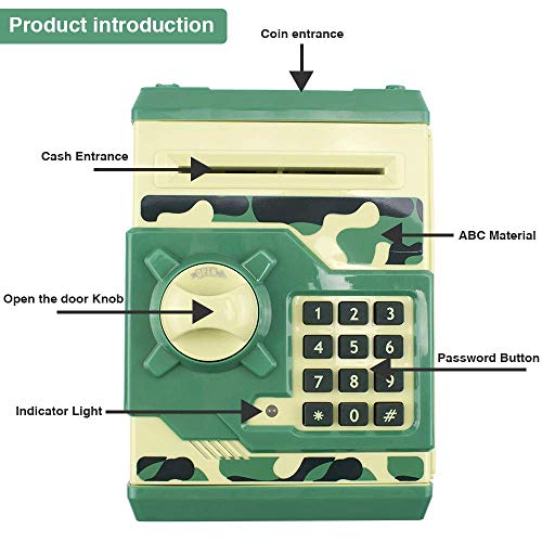 HUSAN Hucha electrónica para niños con código electrónico de cerditos, Mini cajero electrónico para Monedas ATM, Caja de Monedas, Juguete Divertido Regalo (Verde Camuflaje)