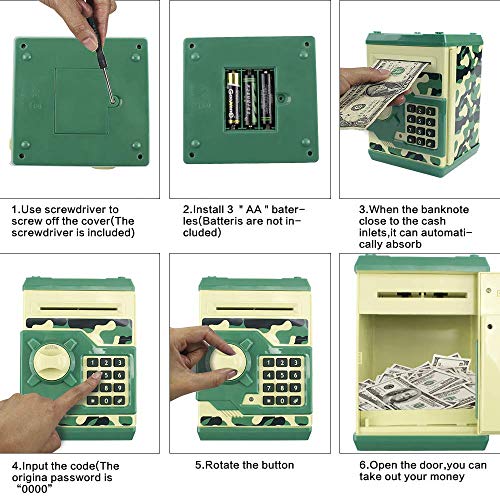 HUSAN Hucha electrónica para niños con código electrónico de cerditos, Mini cajero electrónico para Monedas ATM, Caja de Monedas, Juguete Divertido Regalo (Verde Camuflaje)