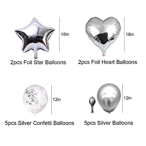 Huture 14PCS Globo de Látex de Globo de Confeti Globo Corazón Forma de Estrella Globo de Aluminio Globos Mylar Globos de Helio de Aluminio para Cumpleaños de Boda Decor de Baby Shower Niña, Plateado