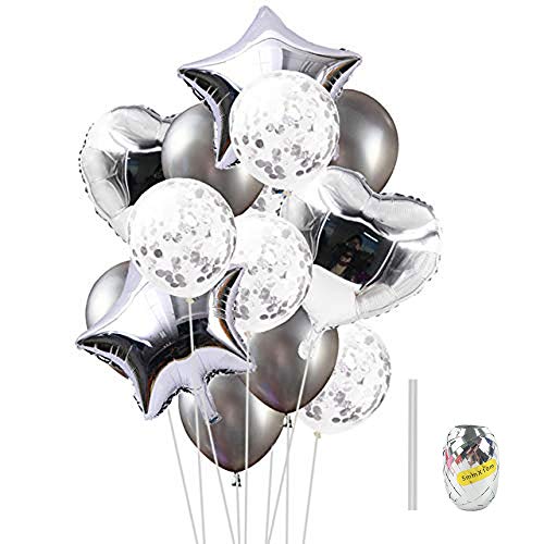 Huture 14PCS Globo de Látex de Globo de Confeti Globo Corazón Forma de Estrella Globo de Aluminio Globos Mylar Globos de Helio de Aluminio para Cumpleaños de Boda Decor de Baby Shower Niña, Plateado