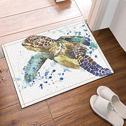 HYTCV Acuarela Pintada Fondo Blanco Tortuga marrón, caparazón de Tortuga Azul, pie Azul Claro Alfombrillas de baño Sala de Estar Dormitorio Alfombra Antideslizante Interior al Aire Libre