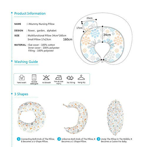 i-baby Cojín Lactancia Almohadas de Lactancia 3 EN 1 para Embarazo y Bebé con Cubierta de Algodón Lavable Extraíble Almohada Maternal de Apoyo para Cuerpo (Aves)