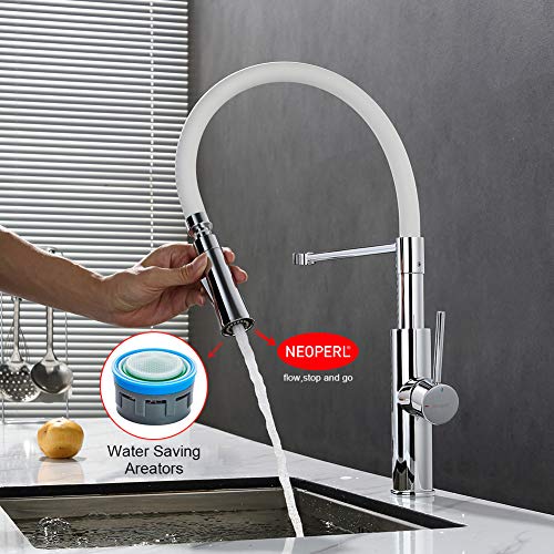 Ibergrif M22115-3 Grifo Mezclador de Cocina Profesional con Ducha de Mano y Caño Flexible, Griferia para Fregadero Monomando Extensible, Cromo, Blanco/Plata