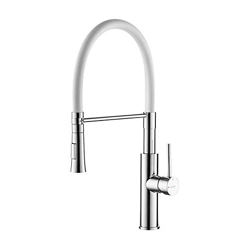 Ibergrif M22115-3 Grifo Mezclador de Cocina Profesional con Ducha de Mano y Caño Flexible, Griferia para Fregadero Monomando Extensible, Cromo, Blanco/Plata