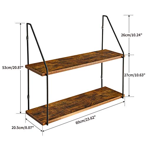 IBUYKE Estante de Pared 2 estantes, 60x20.5x53 cm Baldas Pared Industrial, Estante Flotante, Soporte de Pared Estable, Decoración, para Salón, Dormitorio, Oficina RF-TM011