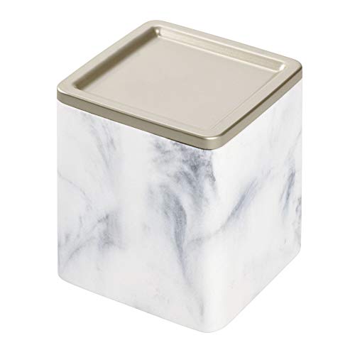 iDesign Caja de maquillaje con bandejita, pequeño algodonero de resina y metal para guardar cosméticos, bote con tapa para almacenaje en seco, blanco y plateado mate