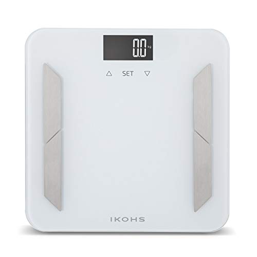 IKOHS PRO WELLNESS - Báscula de Baño, Pantalla LCD, 180 kg, Peso Corporal, Memoriza hasta 10 Usuarios, Medición de Alta Precisión, Cristal Templado, 4 sensores de medición Advanced DUAL BIA (Blanco)