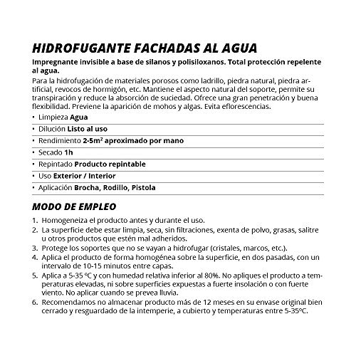 IMPERMEABILIZANTE HIDROFUGANTE TRANSPARENTE, invisible, total protección en suciedad de fachadas, cubiertas, baldosas, hormigon, terrazas, tejados. Repelente al agua (5 Litros)