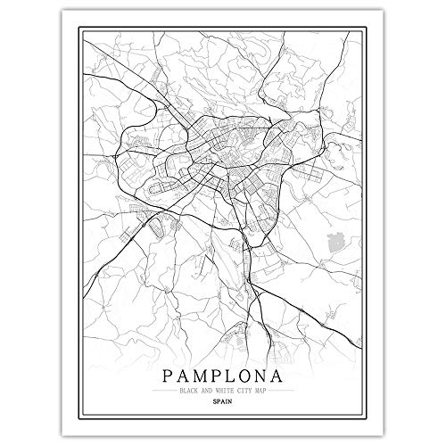 Impresión De Lienzo,España Pamplona Mapa De La Ciudad Moderna De Arte En Blanco Y Negro Pintura Mural Poster Minimalista Simple Modular Viviendo Cafe Habitación Decoración Personalizada Vertical,