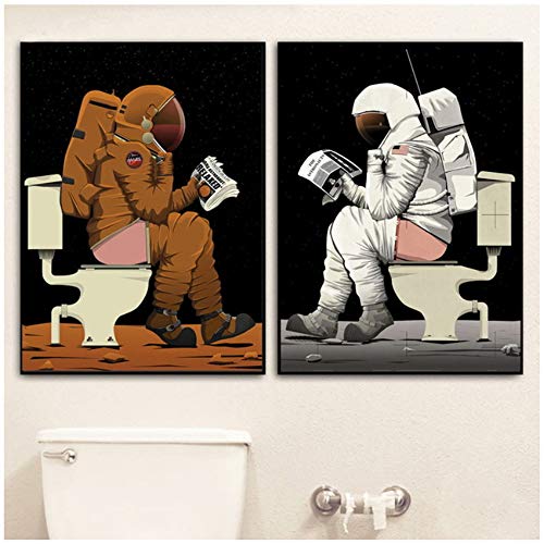 Imprimir en lienzo Astronauta de dibujos animados Baño divertido Baño Arte de la pared Carteles e impresiones nórdicos Imágenes para la decoración 15.7"x 19.6" (40x50cm) x2 Sin marco