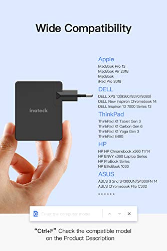 Inateck - Cargador USB C con Cable USB C de 2 m, Fuente de alimentación Tipo C para portátil y Muchos Otros Dispositivos USB C 60 W Negro