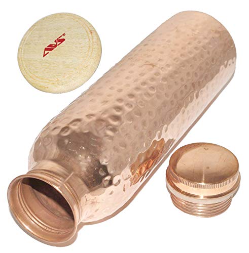 Indian Pure Copper Water Bottle With Lid - Hammered Gifts For Christmas - Capacity 900 Ml