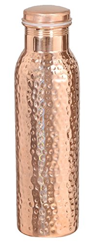 Indian Pure Copper Water Bottle With Lid - Hammered Gifts For Christmas - Capacity 900 Ml