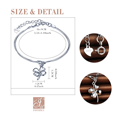 Infinito U- Pulsera para Mujer con Abalorio de Plata de Ley 925, Diseño de Trébol de Cuatro Hojas con Cadena de Extensión Pulsera Ajustable Color de Plateado Idea Regalo para Chicas